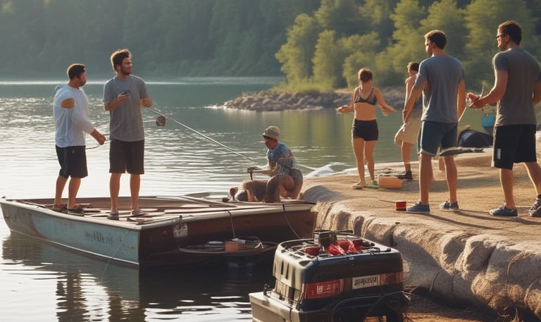 Wakeboarders enjoying a sunny day at a scenic mountain lake with cable lift in the background.