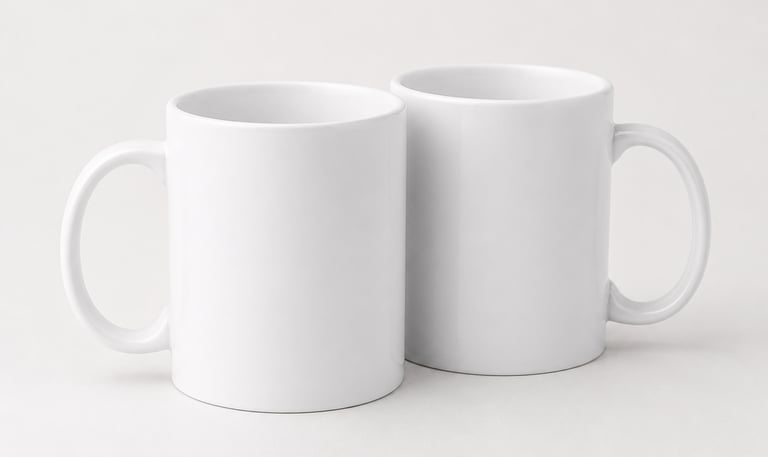 Präsentationsfoto von einer individuell personalisierbaren Keramiktasse in Weiß.
