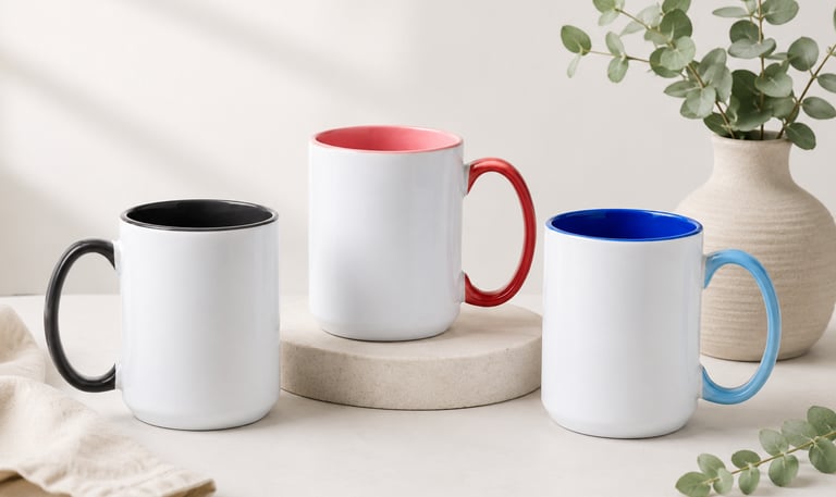 Präsentationsfoto von drei individuell personalisierbaren Keramiktassen in Grau, Rosa und Blau.