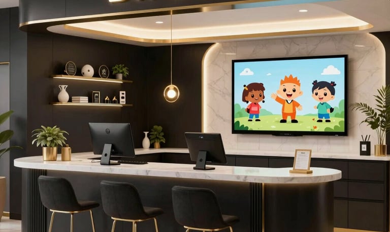 A sleek, modern workspace with AI data visualizations on screens and a storyboard sketch pinned nearby.