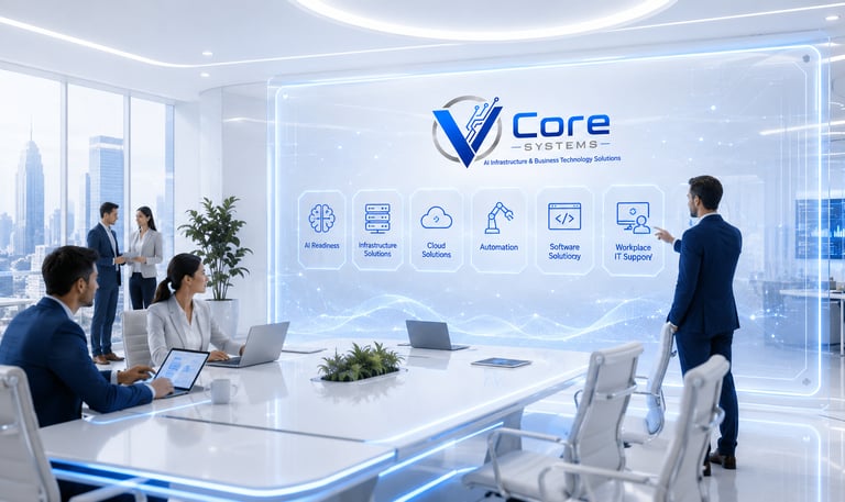 IT professionals presenting cloud computing and AI infrastructure solutions in a modern data center office.