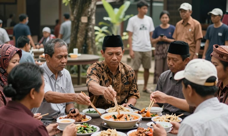 A group of community members in traditional Javanese attire gathered around a donation box during a cultural event.