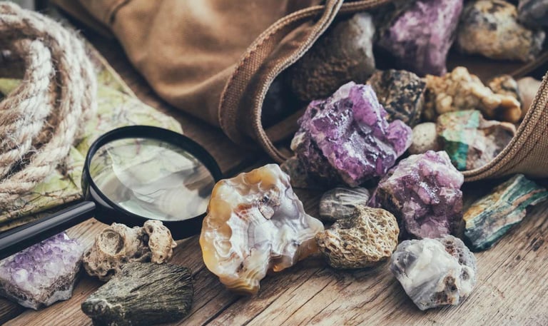 Piedras preciosas de colores y diferentes tamaños, están sobre mesas de madera