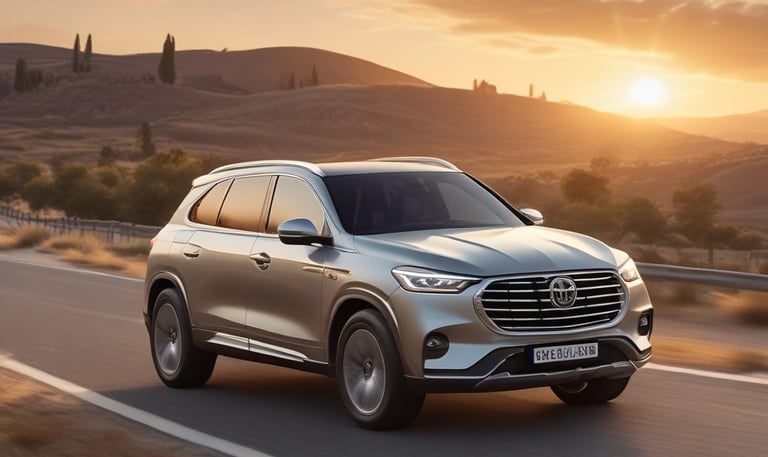 A sleek black luxury SUV driving along a coastal highway at sunset, highlighting elegance and performance.