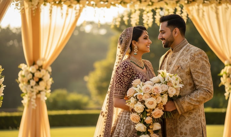 Smiling Indian bride and groom in traditional wedding attire under a floral outdoor mandap.
