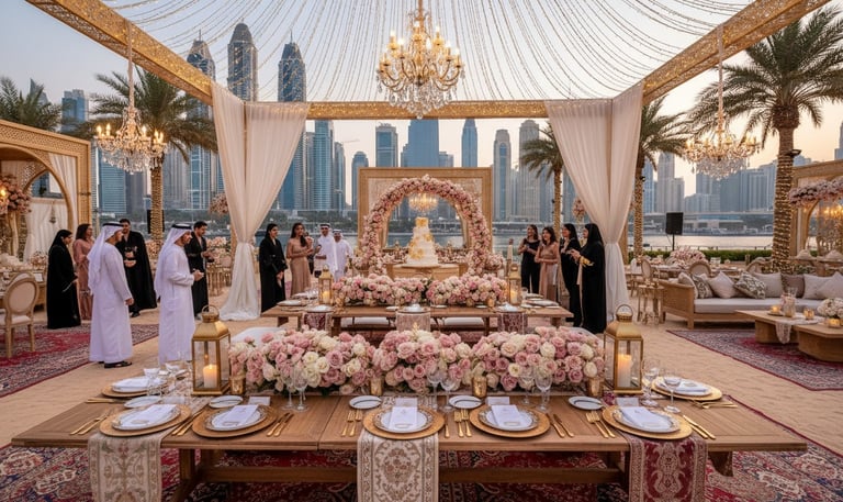Luxury outdoor wedding reception in Dubai with floral decor and a skyline view.