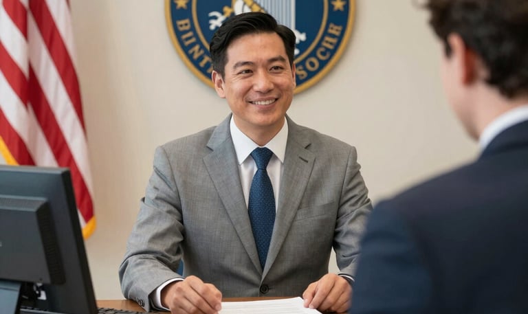 A student carefully reviewing immigration paperwork at a desk.