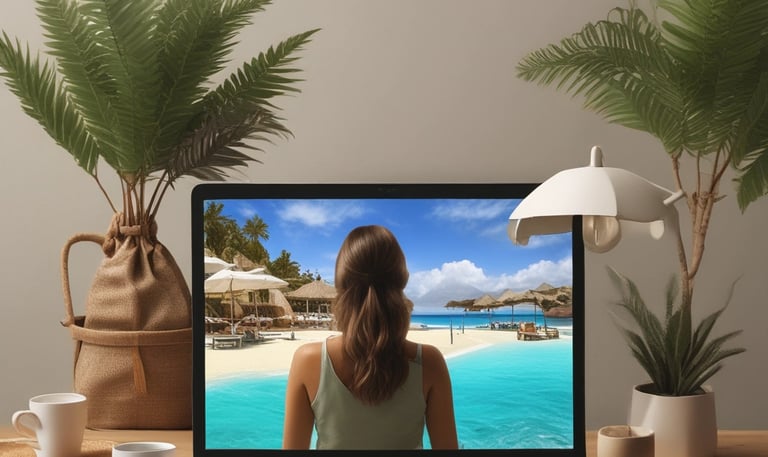 A vibrant urban street filled with open-air markets, colorful buildings, and a solo female traveler smiling as she explores.