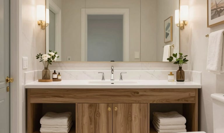 Bright and airy bathroom featuring contemporary fixtures and subtle lighting.