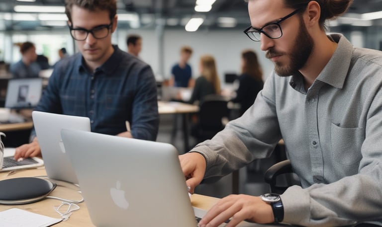 A diverse team of developers collaborating over laptops in a modern office.