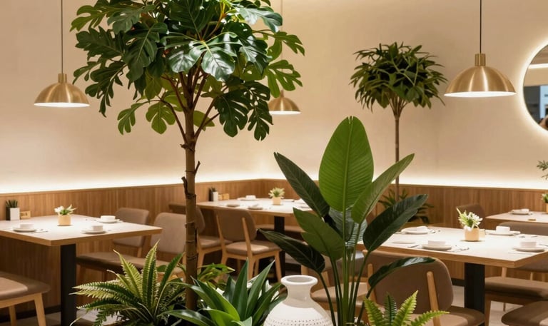 Bright and airy office meeting room featuring stylish artificial plants and minimalist decor.