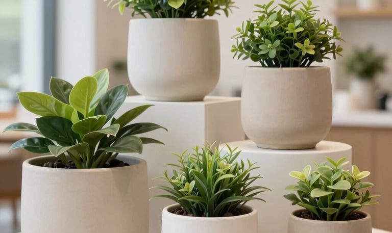 Modern office lobby decorated with lush artificial green plants and warm lighting