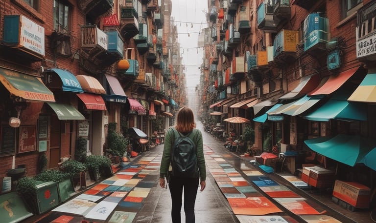 A close-up of a vivid street art mural featuring abstract shapes and lively colors on an urban brick wall.