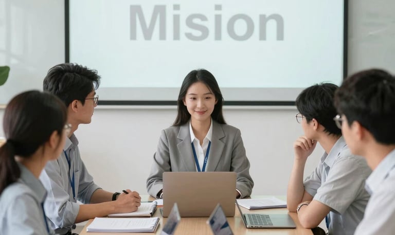 A group of students collaborating on a technical project in a modern workshop.