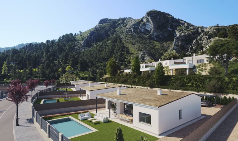 Villas de luxe modernes avec piscines privées et jardins, nichées au pied d’une chaîne de montagnes 