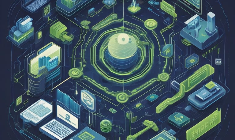 A minimalist workspace with laptop displaying analytics, papers with charts, and subtle lime color highlights.