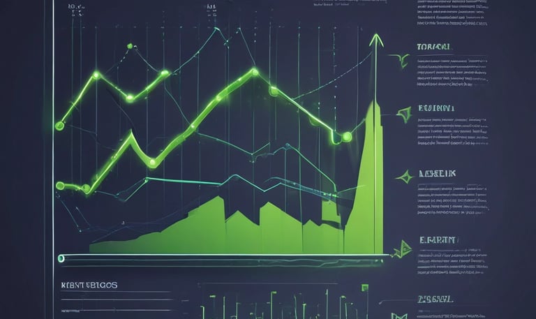 A clean dashboard showing sharp upward graphs and campaign metrics on a dark blue and lime accent interface.