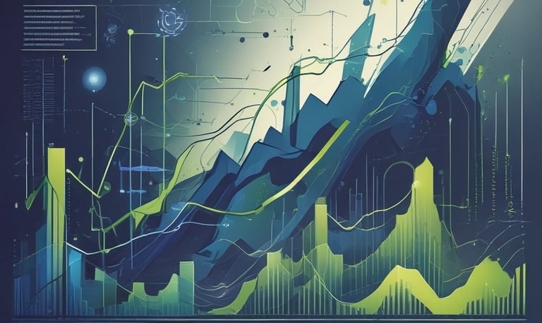 A minimalist workspace with laptop displaying analytics, papers with charts, and subtle lime color highlights.