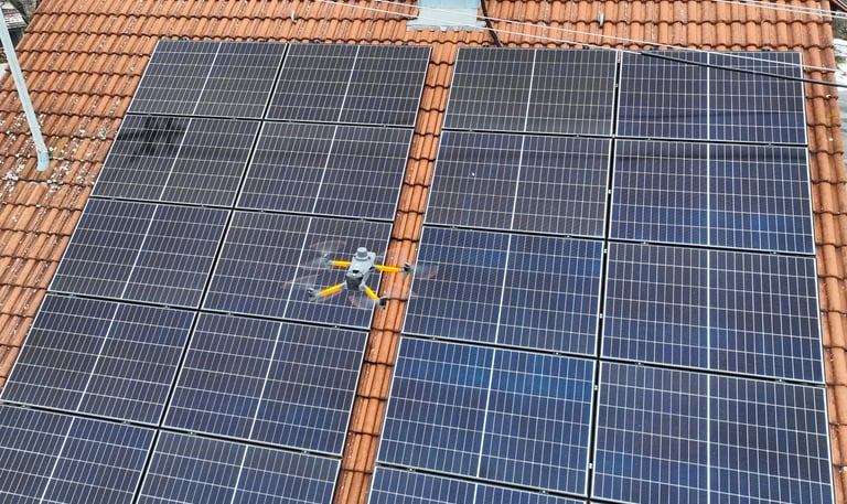 An aerial drone performing a maintenance inspection on residential solar panels installed on a clay tile roof.