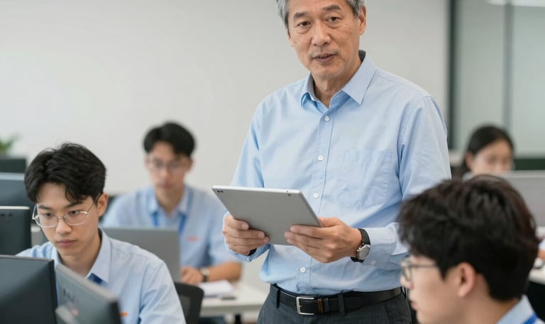 Senior consultant analyzing data charts on a laptop with a hospitality team in a busy kitchen.