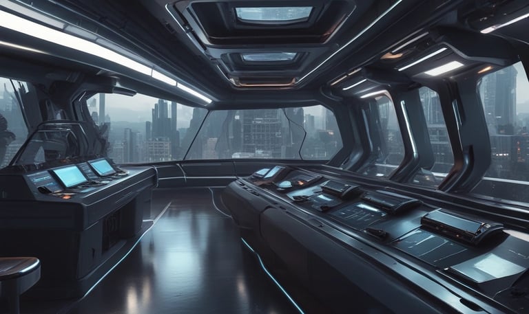 Holographic glass panels with biometric shield overlays and neon glitch effects.