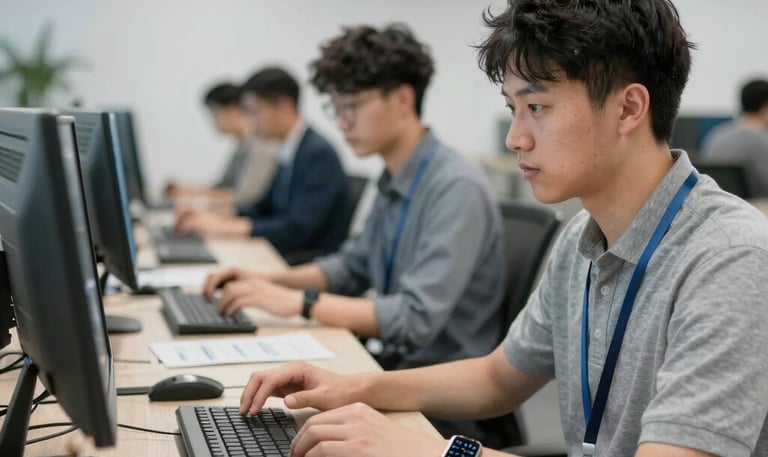 A team of analysts discussing data on multiple monitors in a bright office.