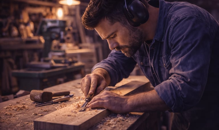 Artisan travaillant le bois dans son atelier, illustrant un site vitrine professionnel.