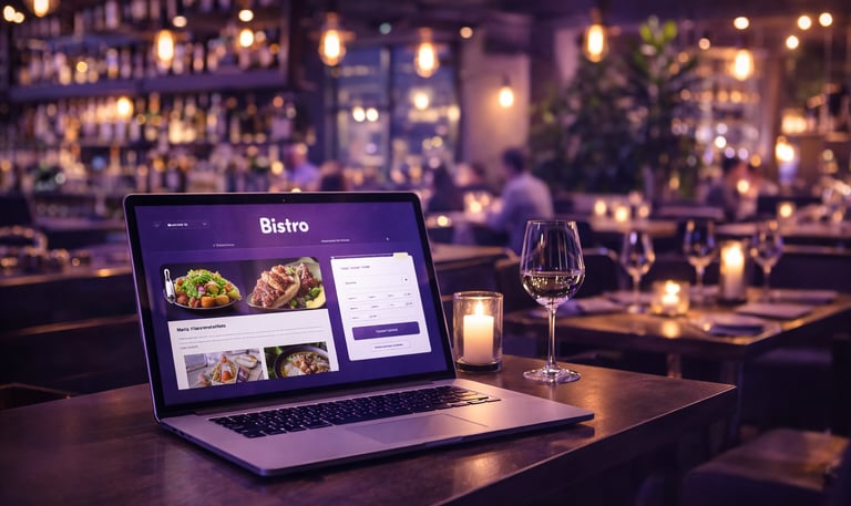 Ordinateur portable affichant un site web de restaurant dans un établissement moderne.