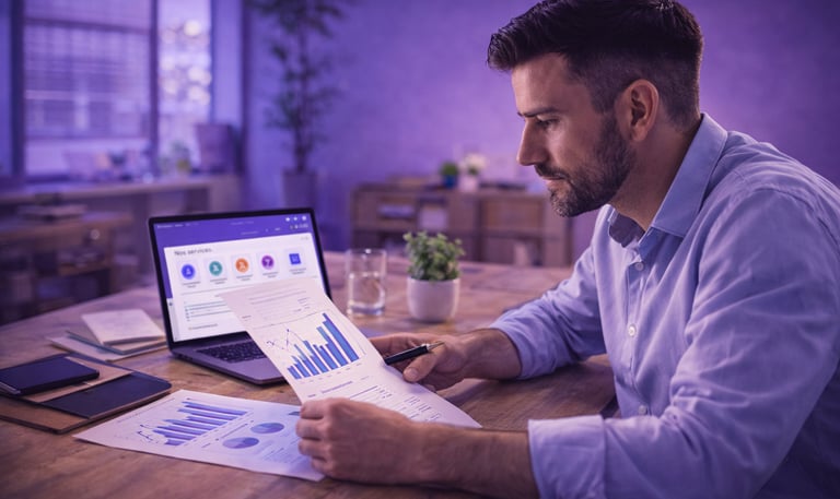 Dirigeant de TPE analysant les performances de son site web sur ordinateur.