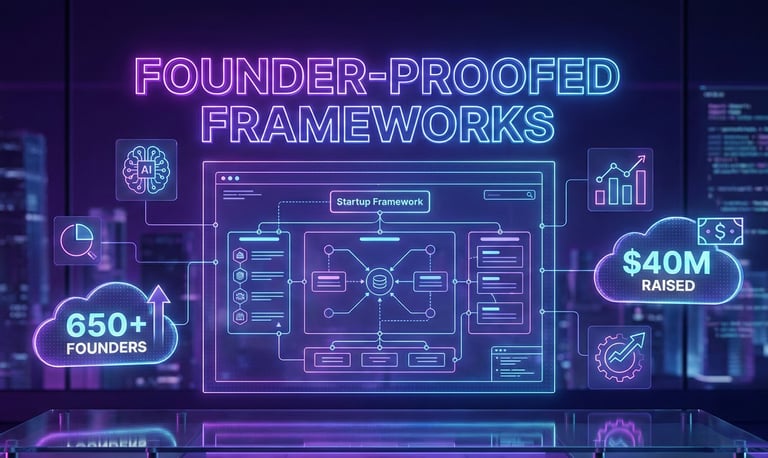 Futuristic neon-gradient blueprint diagram with holographic stats showing 650+ founders and $40M rai
