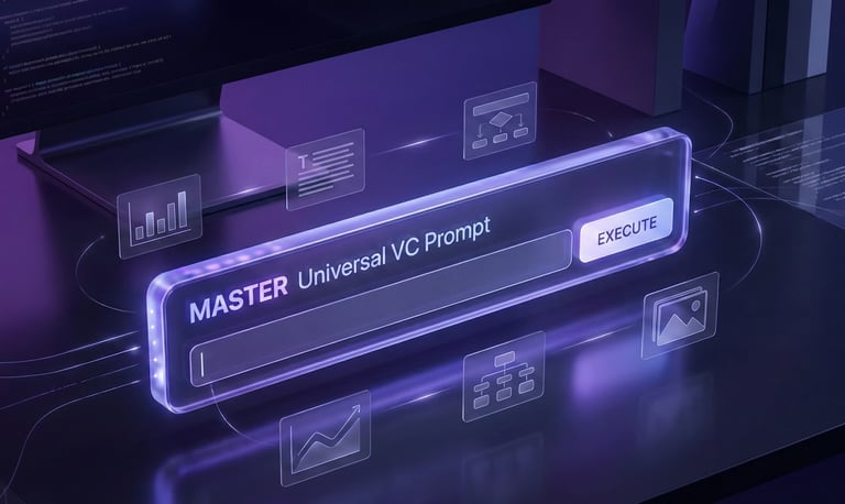 Glowing master universal VC prompt displayed as a futuristic command bar with holographic slide icon