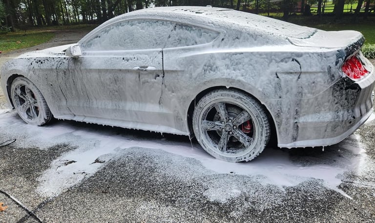 Ford Mustang in soapy foam