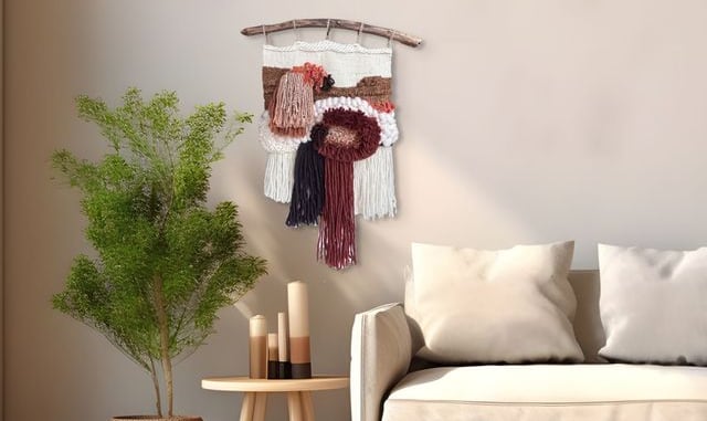 Vævet kunstværk over sofa