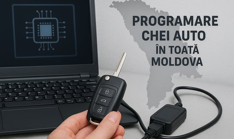 Laptop conectat la cheie auto pentru programare în Chișinău și toată Moldova