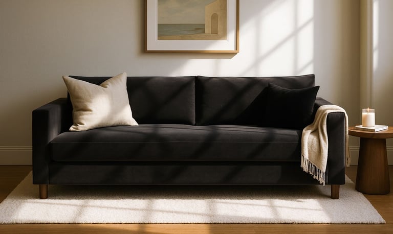 High-end living room featuring a custom black sofa with a long cushion, soft textures.