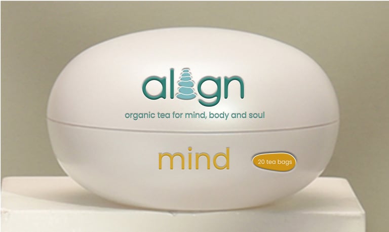 Align mind tea container with stacked pebbles logo on white packaging