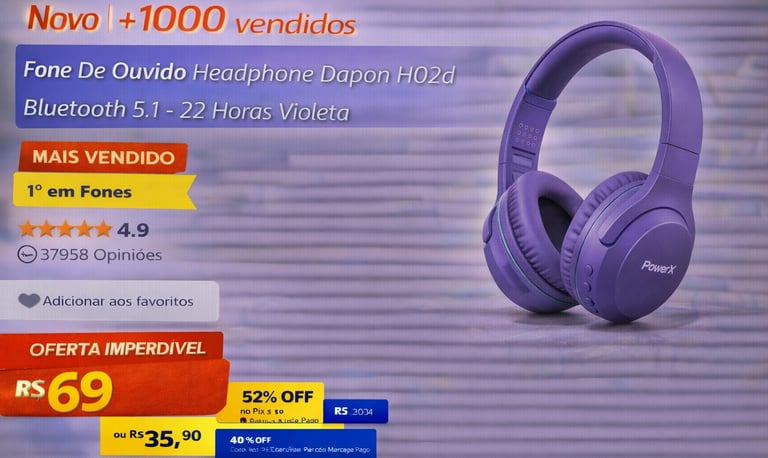 Purple Dapon H02d Bluetooth 5.1 wireless headphones on a wooden surface with sales price and ratings.