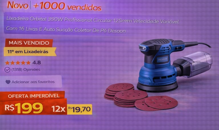 Professional Desoon orbital sander 350W with dust collector and sanding discs for woodworking.