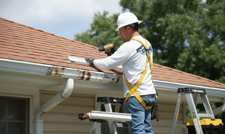 Gutter repair service fixing damaged gutters on residential home in Durham NC
