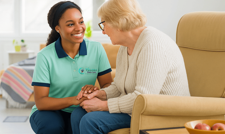 caregiver talking to senior