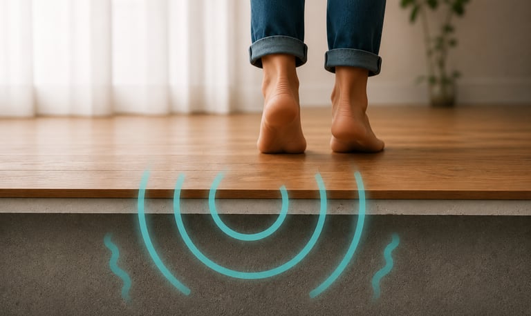 A person standing on heated hardwood floors showing radiant underfloor heating waves.