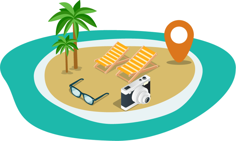 Tropical beach with lounge chairs, palm trees, sunglasses, and camera for reverse mortgage travel fu