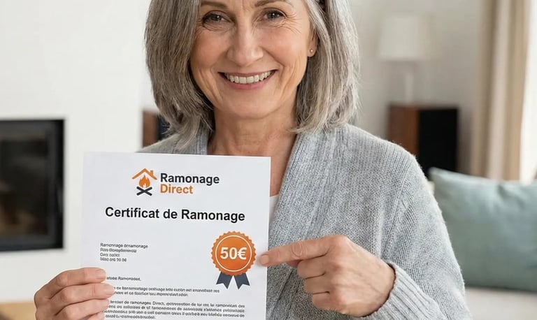 Cliente souriante montrant son certificat de ramonage officiel à 50€ délivré par Ramonage Direct