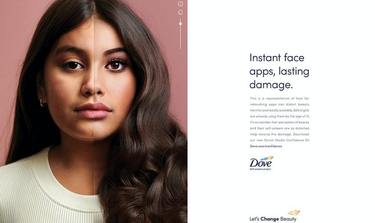 Campanha Dove: Apps de ajustes rápidos no rosto, danos permanentes.