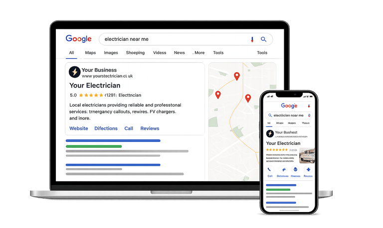 Local SEO ranking service showing top Google search positions for electricians.
