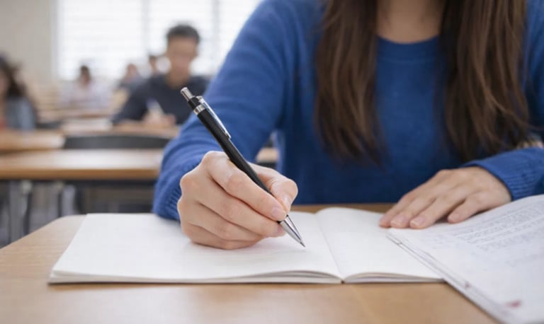 A student in a blue sweater takes notes with a black pen in a notebook during a classroom lecture.