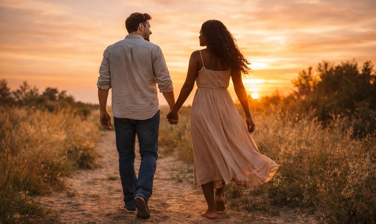 Couple marchant ensemble dans un paysage romantique au coucher du soleil