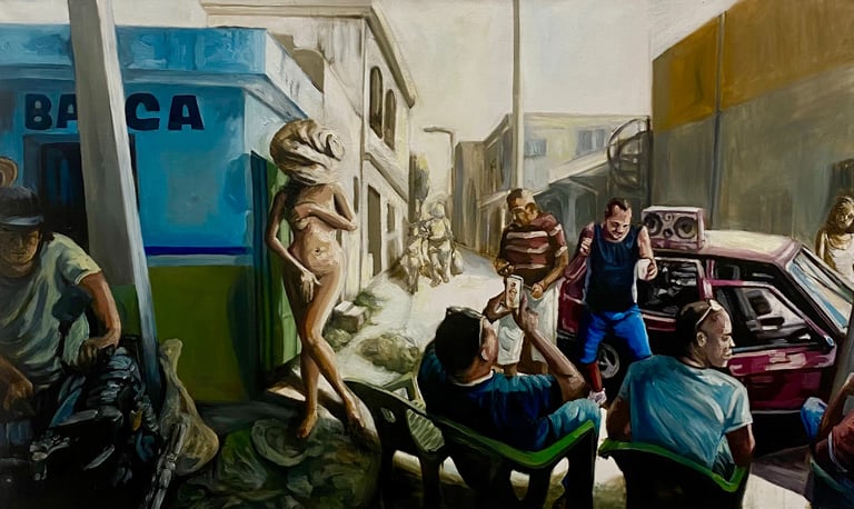 a painting of a man standing in front of a building