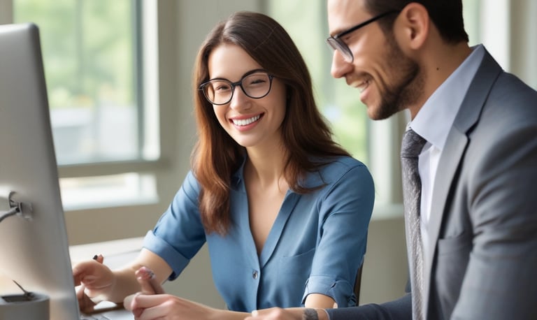 A happy couple reviewing home loan documents in a bright, modern living room.