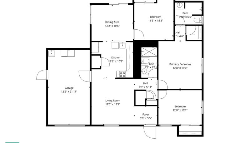 Detailed three-bedroom house floor plan with dimensions, featuring a garage, master suite, and kitchen.